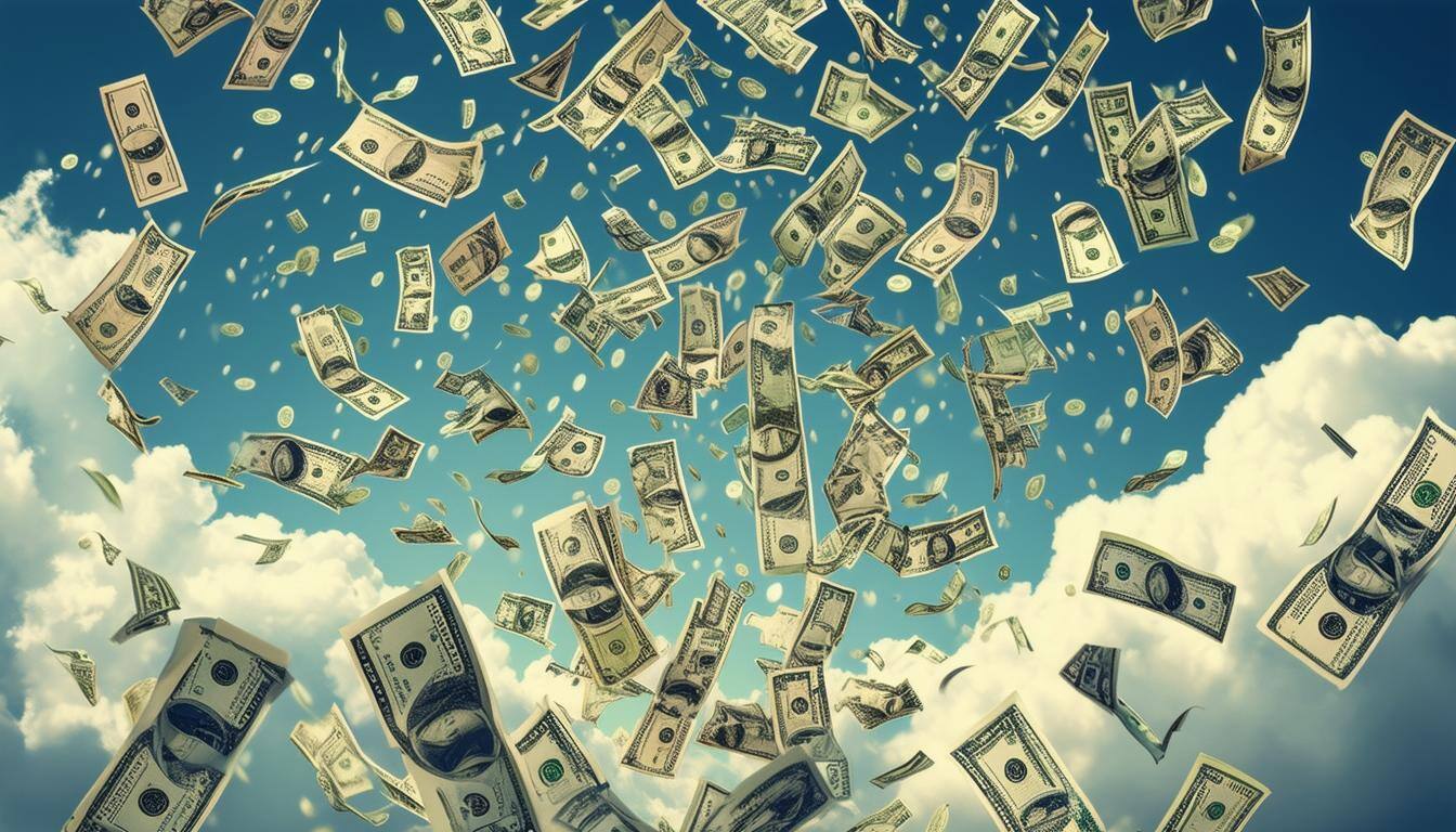 a massive flow of cash raining from the sky illustration