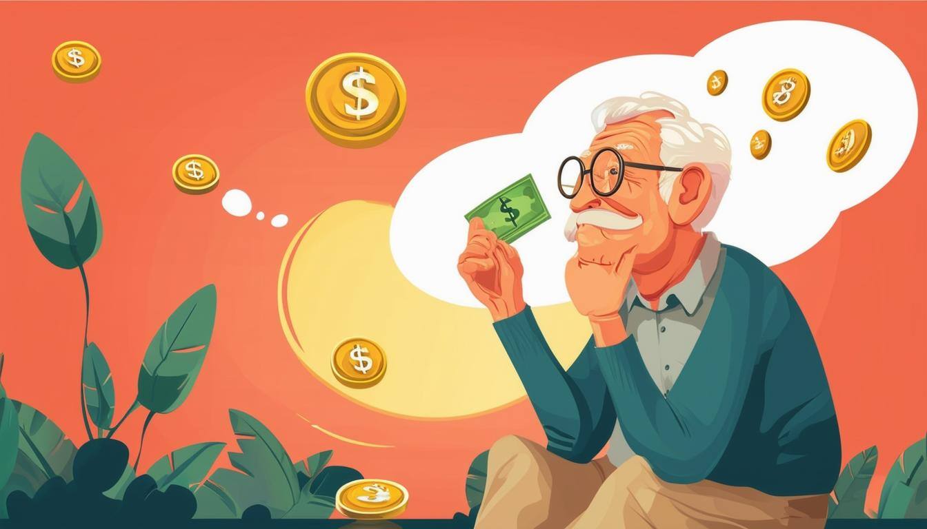 a retired person enjoying life while thinking about money illustration